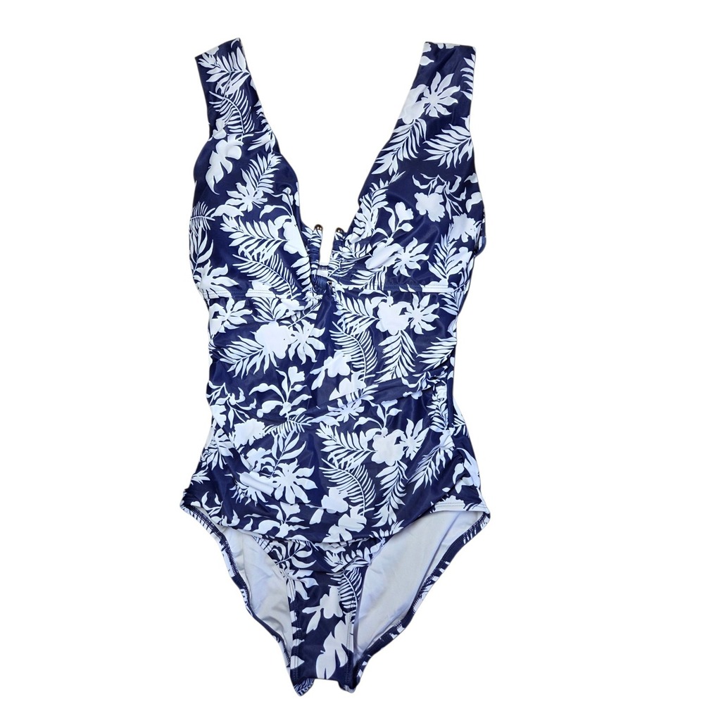 B2Prity Blue White Tropical Floral Gold Accent One-Piece Swimsuit M NWT - Picture 4 of 8